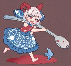  1girl :d bare_shoulders barefoot blue_dress blue_ribbon blush_stickers brown_background commentary_request curly_hair detached_sleeves dress earrings eye_print full_body grey_hair holding holding_spork horn_ornament horn_ribbon horns jewelry meandros mozukuzu_(manukedori) open_mouth oversized_object pointy_ears red_eyes red_horns red_sleeves ribbon running sharp_teeth sheep_horns short_hair short_sleeves sleeveless sleeveless_dress smile solo spork teeth touhou toutetsu_yuuma upper_teeth_only 