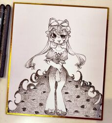  bow bowtie chibi clenched_hand collared_dress contrast_collar covering_crotch covering_privates crossed_bangs double-parted_bangs dress extra_eyes eyes_visible_through_hair full_body gap_(touhou) hair_between_eyes hair_bow hair_up hand_on_own_arm hat hat_ribbon heart heart_in_mouth holding_own_arm long_dress long_hair looking_at_viewer low-tied_long_hair mob_cap monochrome no_pupils official_alternate_hairstyle omaega_chan pigeon-toed puffy_short_sleeves puffy_sleeves raised_eyebrow ribbon shikishi shoes short_sleeves standing straight-on triangle_mouth uneven_eyes 