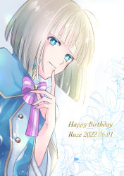  1boy androgynous blonde_hair blue_eyes blue_shirt bowl_cut buttons character_name commentary_request dame_x_prince dated finger_to_mouth happy_birthday highres index_finger_raised long_sleeves looking_at_viewer male_focus parted_lips peko_(pepan) ribbon ruze_selen_el_phiriazar shirt short_hair solo striped_ribbon upper_body white_background 