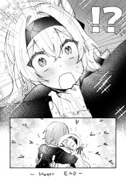  !? >_< 1boy 1girl black_hairband black_jacket black_ribbon blush caelus_(honkai:_star_rail) commentary_request firefly_(honkai:_star_rail) grey_hair greyscale hair_between_eyes hair_intakes hair_ornament hair_ribbon hairband highres honkai:_star_rail honkai_(series) hug jacket long_hair miyako_(6v_myk) monochrome open_mouth ribbon short_hair sweatdrop trailblazer_(honkai:_star_rail) 