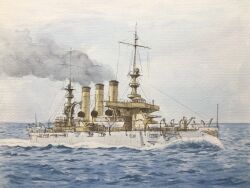  atelier_bono battleship clouds cloudy_sky commentary_request highres mast military_vehicle no_humans ocean original painting_(medium) sailing ship ship_turret sky smokestack traditional_media united_states_navy uss_virginia_(bb-13) warship watercolor_(medium) watercraft 