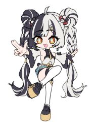  1girl ahoge aqua_nails bare_shoulders black_hair black_shoes braid braided_twintails chibi chibi_only china_dress chinese_clothes commentary_request detached_sleeves dialyn_(zenless_zone_zero) double_bun dress earrings full_body hair_bun hair_extensions hair_ornament hairclip jewelry leg_up long_hair momico_co multicolored_hair multicolored_nails necktie outstretched_arms panda_hair_ornament red_nails ring_hair_extensions shoes simple_background solo sparkling_eyes split-color_hair standing standing_on_one_leg thigh-highs white_background white_dress white_hair white_thighhighs yellow_eyes yellow_necktie zenless_zone_zero 