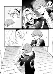  1boy 1girl :o ? black_hairband black_jacket black_ribbon caelus_(honkai:_star_rail) collared_dress commentary_request dress firefly_(honkai:_star_rail) grey_hair greyscale hair_between_eyes hair_intakes hair_ornament hair_ribbon hairband highres honkai:_star_rail honkai_(series) hug jacket long_hair miyako_(6v_myk) monochrome open_clothes open_jacket open_mouth ribbon shirt short_hair trailblazer_(honkai:_star_rail) white_shirt 