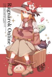  1girl absurdres ayamisiro bag blush boots brown_bag brown_boots brown_eyes brown_gloves brown_hair brown_skirt brown_vest closed_mouth commentary_request copyright_name copyright_notice deviruchi drops_(ragnarok_online) flower full_body gloves hat hat_flower highres long_hair long_sleeves merchant_(ragnarok_online) open_clothes open_vest poporing poring pullcart ragnarok_online red_background shirt sitting skirt slime_(creature) smile solo sparkle two-tone_background vest white_background white_flower white_hat white_shirt witch_hat 