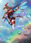  1girl :d amber_(genshin_impact) blue_wings blurry boots brown_eyes brown_hair clouds flying genshin_impact gloves gold_trim highres long_hair long_sleeves open_mouth rainbow rainbow_gradient red_gloves red_shirt red_shorts shirt short_shorts shorts sky smile solo thigh_boots two-tone_gloves two-tone_shirt watanacat water_drop white_footwear white_gloves white_shirt wings 