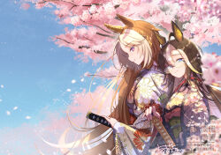  2girls ahoge animal_ears blue_eyes blue_sky blush brown_hair cherry_blossoms closed_mouth dream_journey_(umamusume) ear_covers ear_ornament eyewear_strap glasses hair_between_eyes hashtag-only_commentary highres horse_ears horse_girl japanese_clothes katana kimono long_hair long_sleeves looking_at_viewer multicolored_hair multiple_girls orange_hair orfevre_(umamusume) outdoors sky smile sword tree two-tone_hair umamusume violet_eyes weapon white_hair yomean! 
