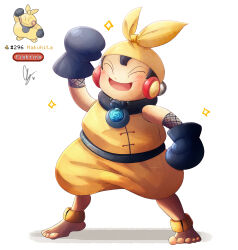  :d absurdres anklet bandana barefoot black_hair blush boxing_gloves closed_eyes creature_and_personification endifi facing_viewer full_body headphones highres jewelry makuhita personification plump pokemon pokemon_(creature) simple_background smile solo white_background yellow_bandana 