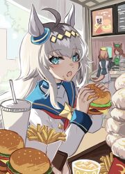  3girls ahoge animal_ears apron belno_light_(umamusume) blue_eyes blue_sailor_collar blush booth_seating brooch brown_hair burger cashier cup disposable_cup ear_ornament eating employee_uniform fast_food_uniform food food_on_face french_fries glutton green_apron green_hat grey_hair hair_between_eyes hair_ornament hairband hat highres holding holding_burger holding_food horse_ears horse_girl horse_tail ice ice_cube jacket jewelry kasamatsu_tracen_school_uniform long_hair long_sleeves looking_at_viewer mcdonald's multicolored_hair multicolored_jacket multiple_girls neckerchief oguri_cap_(starlight_beat)_(umamusume) oguri_cap_(umamusume) open_mouth pleated_skirt red_neckerchief sailor_collar school_uniform shirt short_hair skirt soda star_brooch tail ten-chan_(eternal_s) tray two-tone_jacket umamusume umamusume:_cinderella_gray white_jacket white_shirt white_skirt 