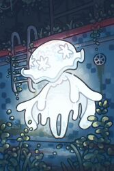  empty_pool glowing highres jellyfish moss night nihilego no_humans outdoors overgrown petite_echorizon plant pokemon pokemon_(creature) pool pool_ladder rust solo tentacles vines 