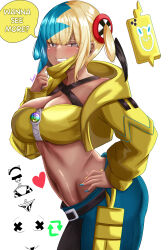  absurdres bandeau black_mask canari_(pokemon) commentary english_commentary fake_hair_bun highres jacket mask mega_stone mouth_mask multicolored_hair pants pokemon pokemon_legends:_z-a rotom rotom_phone split-color_hair sports_bra two-tone_mask two-tone_pants yellow_bandeau yellow_jacket yellow_mask yellow_sports_bra 