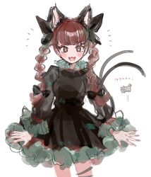  +_+ 1girl :3 animal_ears black_bow black_dress black_ribbon blunt_bangs blush bow braid cat cat_ears cat_girl cat_tail commentary_request cowboy_shot dress extra_ears fangs fingernails frilled_dress frills green_trim grey_cat hair_bow highres kaenbyou_rin leg_ribbon light_blush long_fingernails long_hair long_sleeves looking_at_viewer mozukuzu_(manukedori) multiple_tails nekomata notice_lines open_mouth red_eyes red_hair red_nails ribbon romaji_text simple_background smile solo tail touhou twin_braids twintails two_tails white_background 