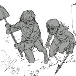  1boy 1girl abaddon_(haunted_hotel) child commentary_request digging esther_freeling greyscale haunted_hotel highres holding holding_polearm holding_shovel holding_weapon korean_commentary monochrome on_one_knee polearm rickorty_08 shovel simple_background spear weapon white_background 