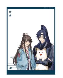  1boy 1girl :d absurdres animal black_headband blue_hanfu brown_eyes brown_hair chinese_clothes closed_mouth code:_kite curtained_hair dog fu_rong_(code:_kite) guanglingwang hair_between_eyes hair_bun hair_ornament hands_clasped_in_delight hanfu headband high_ponytail highres holding holding_animal holding_dog kuailemaoamaomao^o^ long_hair long_sleeves open_mouth own_hands_clasped own_hands_together ponytail single_hair_bun smile standing swept_bangs upper_body very_long_hair violet_eyes wide_sleeves 