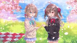  2girls absurdres ahoge aqua_bow aqua_bowtie bird black_cardigan black_skirt blue_eyes blue_sailor_collar blue_skirt bow bowtie broken_heart broken_heart_hair_ornament cardigan commentary cowboy_shot day dress_shirt english_commentary evil_neuro-sama falling_petals from_side grass hair_between_eyes hair_ornament hair_ribbon hair_rings heart heart_hair_ornament highres lightenbee long_hair long_sleeves miniskirt multiple_girls neuro-sama open_mouth outdoors petals picnic_blanket pink_petals pleated_skirt red_bow red_bowtie red_eyes red_ribbon ribbon sailor_collar shirt siblings sisters skirt skull_hair_ornament teeth twins two_side_up upper_teeth_only vedal_ai virtual_youtuber water white_shirt yellow_bird yellow_cardigan 