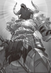  1boy animal_ears armor blood_on_armor chain chained cow_ears cow_horns cuirass danmachi_eiyuutan_argonaut dungeon_ni_deai_wo_motomeru_no_wa_machigatteiru_darou_ka eye_trail faulds greyscale highres holding holding_weapon horns kakage light_trail minos_(danmachi) minotaur monochrome monster novel_illustration official_art open_mouth pauldrons plate_armor saliva shoulder_armor solo standing third-party_source weapon 