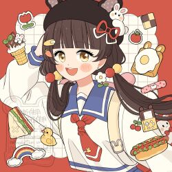  1girl :d animal_hat bag blue_sailor_collar blunt_bangs blush_stickers border bread bread_slice brown_hair brown_hat checkerboard_cookie commentary cookie eeppa egg_(food) flower food grid_background hair_bobbles hair_ornament hand_up hat highres hot_dog ice_cream long_hair long_sleeves looking_at_viewer low_twintails necktie open_mouth original outside_border rabbit_hat rabbit_pin red_border red_flower red_necktie red_tulip rubber_duck sailor_collar sandwich school_bag school_uniform serafuku shirt smile solo symbol-only_commentary toast tomato tulip twintails upper_body watermark white_background white_shirt yellow_eyes 