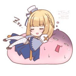  1girl arch_bishop_(ragnarok_online) black_shoes blonde_hair blue_dress blunt_bangs blush bow braid chibi chibi_only closed_eyes commentary_request cross dress fishnet_thighhighs fishnets full_body gloom_(expression) half_up_braid hat hat_bow hat_ornament highres juliet_sleeves long_hair long_sleeves open_mouth pillbox_hat poring puffy_sleeves ragnarok_masters ragnarok_online sakuraji_tomoka shoes simple_background sleeping slime_(creature) smile solo star_(symbol) star_hat_ornament thigh-highs two-tone_dress white_background white_bow white_dress white_hat white_thighhighs zzz 