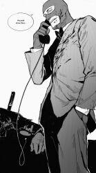  1boy adapted_costume backstab balaclava balisong blood blood_on_clothes blood_on_face bow bowtie commentary corpse english_commentary formal_clothes french_text gloves hand_in_pocket highres holding holding_phone knife knife_in_back male_focus mask monochrome musk8r phone pinstripe_pattern pinstripe_suit solo_focus speech_bubble spy_(tf2) suit team_fortress_2 