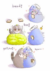  ! 1boy 1girl ^^^ bird_girl bread bread_slice caelus_(honkai:_star_rail) feathered_wings food grey_hair halo head_wings heart highres honkai:_star_rail honkai_(series) obgbegom raccoon_boy raccoon_tail robin_(honkai:_star_rail) tail trailblazer_(honkai:_star_rail) wings 