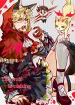  2boys animal_ears battle_tendency black_corset blonde_hair blood blood_on_clothes blood_on_face blood_on_hands bound brown_hair caesar_anthonio_zeppeli capelet cat chibi claws corset cosplay crossdressing dangling facial_hair facial_mark green_eyes highres jojo_no_kimyou_na_bouken joseph_joestar joseph_joestar_(young) kemonomimi_mode little_red_riding_hood_(grimm) little_red_riding_hood_(grimm)_(cosplay) male_focus multiple_boys red_capelet red_hood stubble tail thigh-highs tied_up_(nonsexual) white_thighhighs wolf_ears wolf_tail zhoujo51 