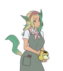  1girl :3 animal_ears apron blonde_hair breasts brown_eyes closed_mouth collared_shirt commentary cowboy_shot english_commentary green_apron green_hair hairband holding holding_watering_can kirby_otaku leafeon looking_at_viewer medium_breasts multicolored_hair personification pokemon psyduck purple_hairband scissors shirt short_sleeves simple_background smile solo streaked_hair tail transparent_background watering_can white_shirt 