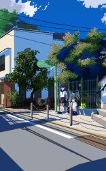  1boy 1girl animated animated_gif apo_(rairaru20001) blue_neckerchief blue_necktie blue_sky brown_hair building clouds dithering fence food highres holding holding_food holding_popsicle lens_flare looping_animation neckerchief necktie original pixel_art pleated_skirt popsicle power_lines purple_hair road scenery shadow shirt short_sleeves sitting skirt sky standing street summer talking tree white_shirt wide_shot 