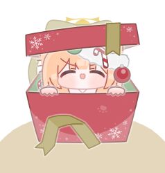  1girl animal_ears blue_archive blunt_bangs blush box candy candy_cane chibi christmas_ornaments closed_eyes commentary english_commentary food fur-trimmed_headwear fur_trim gift gift_box halo hands_up highres horuhara in_box in_container mari_(blue_archive) no_nose open_mouth orange_hair paw_print smile solo v-shaped_eyebrows yellow_halo 