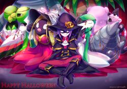  1boy 2girls arms_at_sides artist_name ascot black_boots black_coat black_eyes black_hat black_skin blonde_hair blurry bob_cut boots bow breasts bronzong buttons chinese_commentary closed_eyes closed_mouth coat colored_skin commentary_request constricted_pupils covered_eyes dated depth_of_field domino_mask double-breasted dress english_commentary english_text exeggutor eye_mask facing_viewer fold-over_boots from_side full_body gardevoir gold_trim green_hair green_skin grumpig halloween hand_up happy happy_halloween hat hat_bow hat_ornament high_heels indian_style jynx knee_boots leaning_forward lips long_dress long_hair long_sleeves looking_at_viewer mask medium_breasts mixed-language_commentary multicolored_skin multiple_girls outline pants partial_commentary pokemon pokemon_(creature) pokemon_masters_ex profile purple_hair purple_outline ratowa red_dress red_pants red_shirt shirt short_hair sidelocks sitting slowbro smile twitter_username two-tone_skin u_u watermark white_ascot white_bow white_skin will_(pokemon) witch_hat xatu 