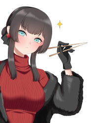  1girl black_gloves black_hairband blue_eyes blush breasts chopsticks coat commentary_request earrings fur_coat gloves hairband highres holding holding_chopsticks jewelry kantai_collection large_breasts long_hair looking_at_viewer mogador_(kancolle) mogador_(saury_festival)_(kancolle) official_alternate_costume red_sweater ribbed_sweater sidelocks simple_background solo star_(symbol) star_earrings suspenders sweater turtleneck turtleneck_sweater white_background yomogi_dango 