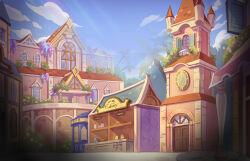  analog_clock arched_window architecture artist_request awning baguette bakery balcony blue_flower blue_sky bread cafe clock clock_tower clouds counter day door double_doors english_text european_architecture flower food hanging_sign highres hotel inn light_rays loaf_of_bread muntins nexon official_art open_window orange_flower outdoors palm_tree pillar pink_flower purple_flower rooftop scenery second-party_source shop sky steeple sunbeam sunlight tales_weaver tower town tree window wisteria yellow_flower 