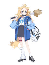  1girl animal_ears bag baseball_bat black_shoes black_skirt blonde_hair blue_bow blue_bowtie blue_eyes blue_jacket bow bowtie collared_shirt commentary dog_ears dog_girl dog_tail earrings full_body hair_ornament hairclip hand_in_pocket highres holding holding_baseball_bat jacket jewelry leg_warmers long_hair long_sleeves mask mask_pull mouth_mask open_clothes open_jacket original shirt shoes simple_background single_leg_warmer single_sock skirt socks solo standing symbol-only_commentary tail thigh_strap white_background white_leg_warmers white_shirt zzzearly 