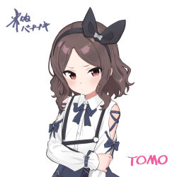  1girl black_hairband blue_bow blue_bowtie bow bowtie clothing_cutout commentary dress_shirt ebizuka_tomo girls_band_cry gohannanaki grey_hair hairband highres holding_own_arm medium_hair revision shirt shoulder_cutout simple_background solo white_background white_shirt 