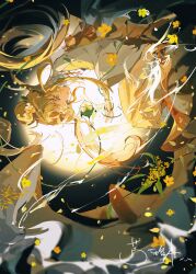  1girl absurdres black_background blonde_hair branch chinese_clothes chinese_commentary collar cookie_run cookie_run:_kingdom curtained_hair dress facial_mark falling_petals feet_out_of_frame flower forehead_mark frilled_collar frills full_moon golden_osmanthus_cookie green_eyes hair_bun hair_flower hair_ornament half_updo highres humanization kule_canban long_hair long_sleeves looking_at_viewer moon name_connection object_namesake orange_pupils osmanthus parted_bangs parted_lips petals shirt sideways_glance single_hair_bun smile solo thurible upside-down white_shirt wide_sleeves yellow_dress yellow_flower yellow_petals 