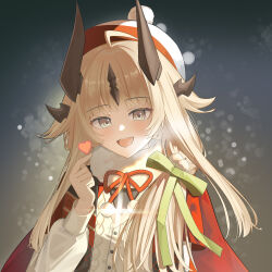  1girl :d absurdres ahoge arknights black_horns blonde_hair breath buttons cable_knit cardigan cloak commentary_request dress finger_heart green_ribbon grey_eyes hair_ornament hand_up hat heart highres horns long_hair long_sleeves looking_at_viewer open_mouth pom_pom_(clothes) pom_pom_hair_ornament red_cloak reed_(arknights) reed_the_flame_shadow_(arknights) ribbon santa_costume santa_dress santa_hat sleeve_cuffs smile solo teeth upper_body upper_teeth_only white_cardigan youqimin_(jiegaozhong) 