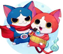  belt blue_fire blue_fur candy cape chocolate chocolate_bar commentary_request fire flame-tipped_tail food fuyunyan haramaki highres hitodama holding holding_food jibanyan looking_at_viewer multiple_tails no_humans notched_ear open_mouth red_cape red_fur tail two_tails umeyoukan_hn43 youkai_(youkai_watch) youkai_watch 