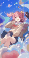  1girl absurdres balloon between_legs black_skirt blush cardigan character_charm charm_(object) chinese_commentary commentary_request commission fang hanasato_minori hand_between_legs heart_balloon highres hinomori_shizuku kioroshin kiritani_haruka long_sleeves midriff_peek miyamasuzaka_girls'_academy_school_uniform momoi_airi more_more_jump!_(project_sekai) neckerchief open_mouth pink_eyes pink_hair planet pleated_skirt project_sekai red_neckerchief sailor_collar school_uniform skirt solo v yellow_cardigan 