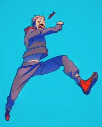  1boy black_jacket black_pants black_socks blue_background commentary deringshane english_commentary facial_mark full_body highres itadori_yuuji jacket jujutsu_kaisen jujutsu_tech_uniform male_focus midriff_peek open_mouth pants pink_hair red_shoes running shoes short_hair socks solo tongue tongue_out 