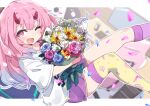  1girl :d blurry blurry_background blush bouquet broken_horn colored_tips commentary_request confetti highres horns indie_virtual_youtuber kanehira_ame long_hair looking_at_viewer multicolored_hair one_eye_closed pink_eyes pink_hair shirt shorts single_thighhigh smile solo thigh-highs totomono virtual_youtuber white_shirt yellow_thighhighs 