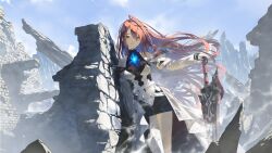  1girl ahoge asymmetrical_dress bare_shoulders blue_fire blue_hair breasts brick_wall colored_inner_hair commentary_request day dress elizabeth_rose_bloodflame elizabeth_rose_bloodflame_(1st_costume) fagi_(kakikaki) fire fire_on_chest floating_hair greatsword halterneck hand_on_hilt hand_rest hashtag-only_commentary highres hololive hololive_english huge_ahoge leaning_on_object long_hair looking_at_viewer medium_breasts multicolored_hair outdoors parted_lips planted planted_sword red_eyes red_hair rubble see-through_clothes see-through_dress sidelocks solo sunlight sword thorn_(elizabeth_rose_bloodflame) virtual_youtuber weapon white_dress 