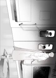  1girl 3boys absurdres censored censored_identity coat collared_shirt dual_persona full_body greyscale han_sooyoung hand_grip hands_in_pockets highres kim_dokja monochrome multiple_boys omniscient_reader's_viewpoint open_clothes open_coat popped_collar shadow shirt short_hair sideways sky space standing star_(sky) starry_sky tanppopo9 window yoo_joonghyuk 