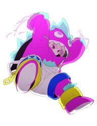  1girl arms_up backlighting blanka blanka-chan blanka_(cosplay) closed_mouth colored_inner_hair cosplay cuffs electricity electrokinesis grey_hair hashtag-only_commentary highres incoming_attack jumping kigurumi makaino_ririmu midair mopyo multicolored_hair nijisanji official_alternate_color overalls pink_hair pink_streaks pointy_ears red_eyes shackles simple_background solo strap_slip streaked_hair street_fighter street_fighter_6 two-tone_hair v-shaped_eyebrows virtual_youtuber white_background white_overalls 