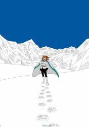  1girl ahoge artist_name belt black_belt black_skirt blue_sky boots clear_sky closed_eyes coat_lift facing_viewer fate/grand_order fate_(series) fujimaru_ritsuka_(female) full_body green_trim grin hair_ornament hair_scrunchie hands_up knee_boots long_sleeves medium_hair miniskirt mountainous_horizon mushi_(gooooooon) orange_hair scrunchie shoes skirt sky smile snow solo solo_focus teeth upper_teeth_only white_shoes wide_shot 