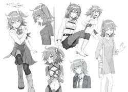  absurdres ahoge alto168 bandaged_head bandaged_leg bandages blood blood_on_face boots chaldea_uniform command_spell crutch fate/grand_order fate_(series) fujimaru_ritsuka_(female) fujimaru_ritsuka_(female)_(anniversary_blonde) fujimaru_ritsuka_(female)_(chaldea_combat_uniform) fujimaru_ritsuka_(female)_(decisive_battle_chaldea_uniform) greyscale hair_ornament hair_scrunchie highres holding_crutch injury long_sleeves looking_at_viewer looking_down monochrome one_side_up pleated_skirt scrunchie skirt sweat white_boots wrist_scrunchie 