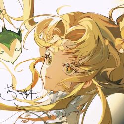  1girl blonde_hair chinese_commentary collar commentary_request cookie_run cookie_run:_kingdom curtained_hair facial_mark floating_hair flower forehead_mark frilled_collar frills golden_osmanthus_cookie green_eyes hair_bun hair_flower hair_ornament half_updo highres humanization kule_canban long_hair looking_at_viewer orange_pupils parted_bangs parted_lips portrait sideways_glance signature simple_background single_hair_bun smile solo thurible white_background yellow_flower 