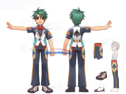  3boys aqua_hair aqua_vest artist_request black_pants black_shirt black_shoes bow bowtie brown_eyes clenched_hand closed_mouth clover clover_print collared_shirt commentary_request cross-laced_shoes cummerbund curtained_hair dot_nose dress_shirt dual_persona from_behind high_collar highres korean_commentary laces lapels legs_apart light_smile looking_at_viewer multiple_boys multiple_views official_art open_hand pants parted_hair peaked_lapels popped_collar print_pants print_sleeves print_vest production_art red_bow red_bowtie reference_sheet shirt shoes short_hair short_sleeves simple_background spade_(shape) spiked_bangs spiky_hair standing straight-on third-party_source turnaround two-tone_vest vest watermark web_address white_background white_shoes white_vest yogurting 