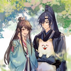  1boy 1girl :d animal black_headband blue_hanfu blurry brown_eyes brown_hair chinese_clothes closed_mouth code:_kite curtained_hair depth_of_field dog fu_rong_(code:_kite) guanglingwang hair_between_eyes hair_bun hair_ornament hands_clasped_in_delight hanfu headband high_ponytail highres holding holding_animal holding_dog kuailemaoamaomao^o^ leaf long_hair long_sleeves open_mouth own_hands_clasped own_hands_together ponytail single_hair_bun smile standing swept_bangs upper_body very_long_hair violet_eyes wide_sleeves 
