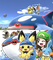  alternate_color bandana blue_bandana blue_sky brown_eyes brown_hair clenched_hand cosplay drake_(pokemon) drake_(pokemon)_(cosplay) flower four_giants game_screenshot_inset glacia_(pokemon) glacia_(pokemon)_(cosplay) green_hat hair_flower hair_ornament hat highres kicdon kyogre leaf_(pokemon) lunatone moon_(zelda) mudkip one_eye_closed phoebe_(pokemon) phoebe_(pokemon)_(cosplay) pichu player_2 pokemon pokemon_(creature) pokemon_emerald pokemon_frlg pokemon_rse sailor_hat sidney_(pokemon) sidney_(pokemon)_(cosplay) sky smile super_smash_bros. team_aqua the_legend_of_zelda the_legend_of_zelda:_majora's_mask 