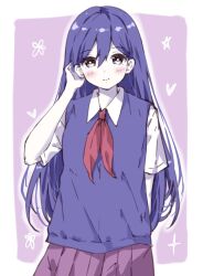  1girl arm_behind_back bare_arms black_eyes blush border breasts bright_pupils closed_mouth collared_shirt colored_skin commentary_request cowboy_shot double-parted_bangs hair_behind_ear hair_between_eyes hand_on_own_ear hand_up heart highres joshik_anknice long_hair looking_at_viewer mari_(headspace)_(omori) mari_(omori) neckerchief omori outline outside_border pleated_skirt purple_background purple_skirt red_neckerchief shirt short_sleeves simple_background skirt small_breasts smile solo standing straight_hair very_long_hair white_border white_outline white_pupils white_shirt white_skin 