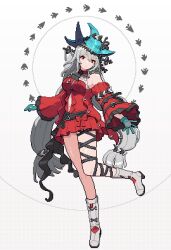  1girl angelfish aqua_gloves aqua_hat arknights ascot bare_shoulders black_ascot boots breasts clothing_cutout detached_sleeves dress fish gamepix gloves grey_hair hashtag-only_commentary hat leg_ribbon long_hair looking_at_viewer low-tied_long_hair medium_breasts navel navel_cutout official_alternate_costume pixel_art red_dress red_eyes ribbon skadi_(arknights) skadi_the_corrupting_heart_(arknights) sleeveless sleeveless_dress solo white_boots 