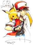  baseball_cap belt black_gloves black_shirt brown_eyes brown_hair clenched_teeth comiket_92 dated fingerless_gloves gloves hand_up hat highres jacket looking_at_viewer on_shoulder open_clothes open_jacket pikachu pokemon pokemon_(creature) pokemon_on_shoulder popped_collar red_(pokemon) red_jacket seijun shirt short_sleeves signature smile spiky_hair teeth upper_body white_background 
